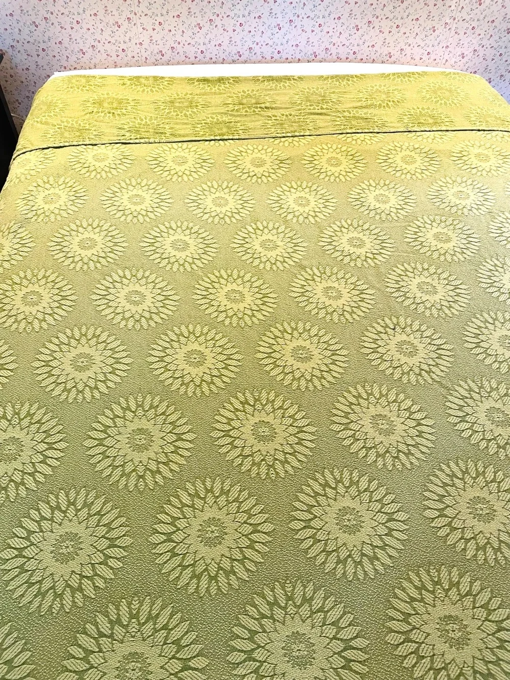 Cone Mills cotton bedspread, twin size, heavy brocade, fringe on 3 sides, 1960’s